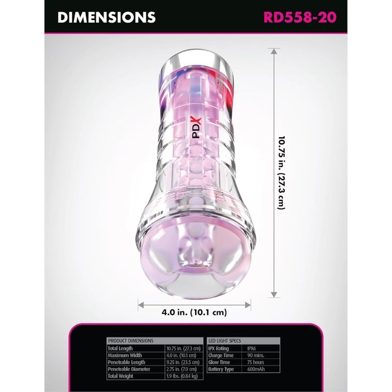 PDX ELITE - MASTURBADOR TRANSPARENTE VIEWTUBE XXL LED STROKER 27.3 CM - Imagen 4