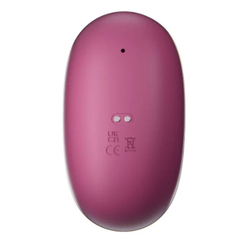 Parte trasera morada de la bomba automática estimuladora de clítoris She.E.O, con dos botones y marcas grabadas