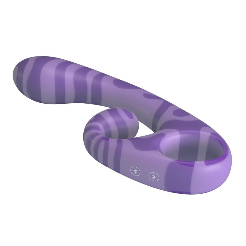 Vibrador doble morado con extremos curvados y bandas en tonos violeta