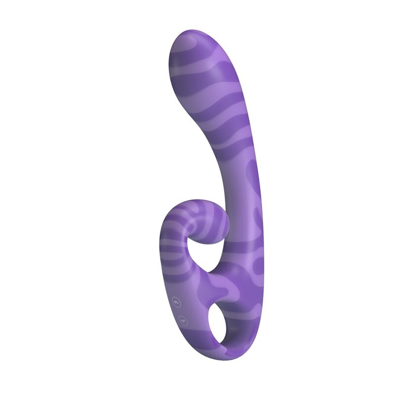 Vibrador doble morado con extremos curvados y franjas onduladas