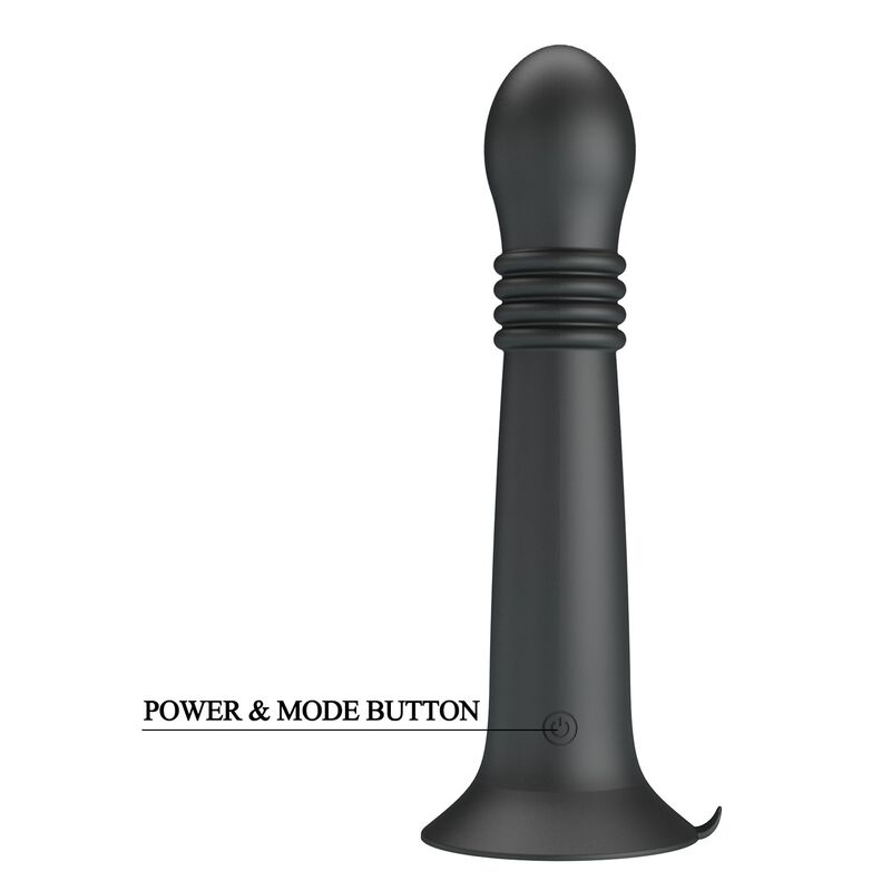 Masajeador Pretty Love negro con base de ventosa y botón de encendido señalado
