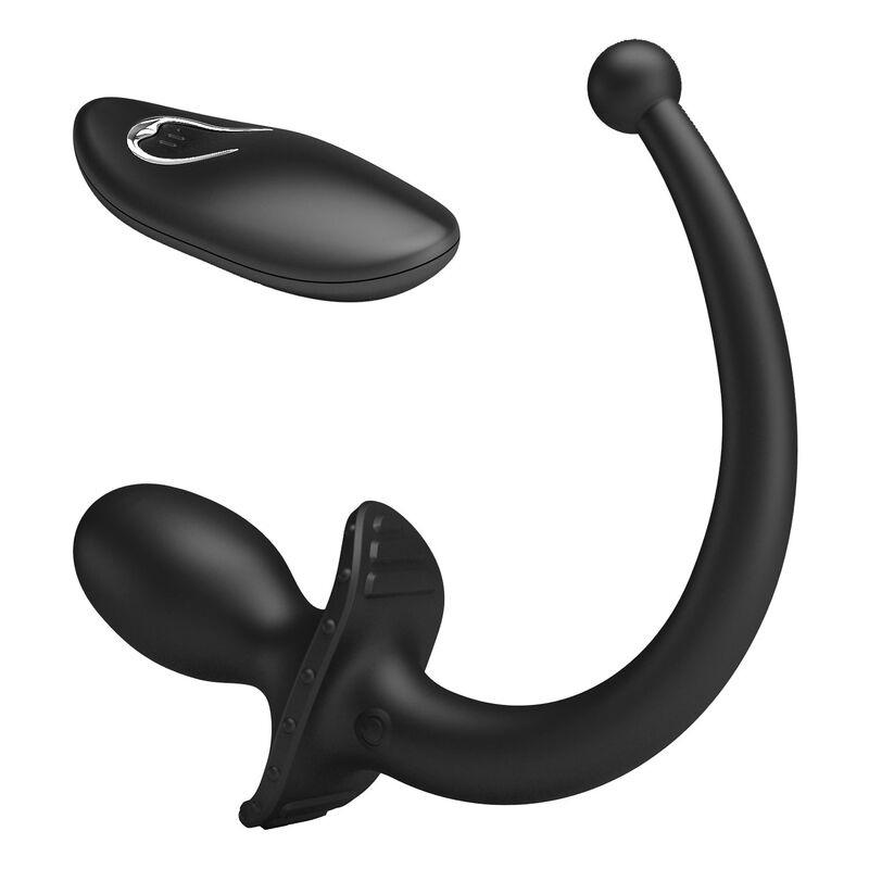Vibrador anal y perineal negro MR PLAY con mando inalámbrico, mostrado junto al dispositivo