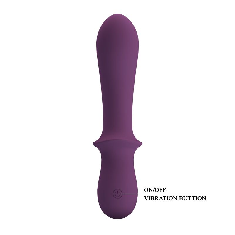 Vibrador morado alargado con botón de encendido y vibración señalado en la base