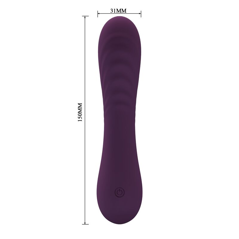Vibrador morado Pretty Love, vista frontal con botón de encendido y medidas indicadas de 150 mm por 31 mm