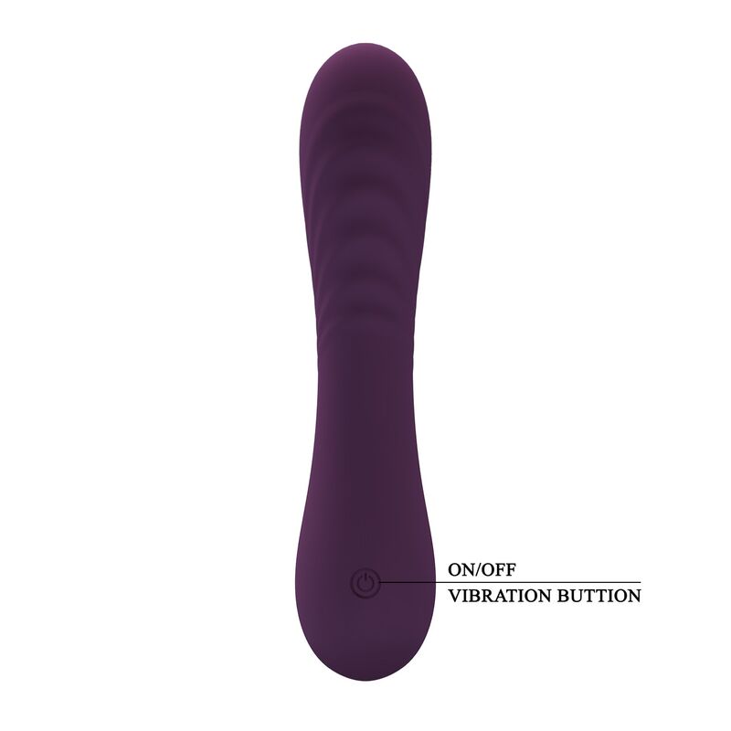 Vibrador morado Alexisrose con botón de encendido y vibración señalado en la imagen