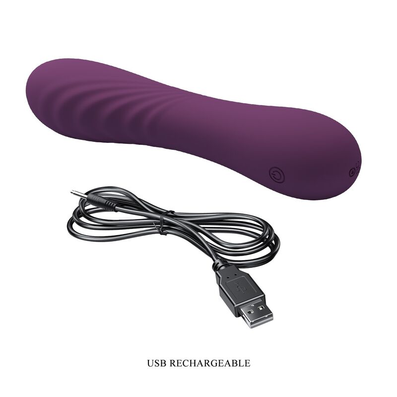 Vibrador morado alargado con cable USB de carga y la indicación «USB RECHARGEABLE
