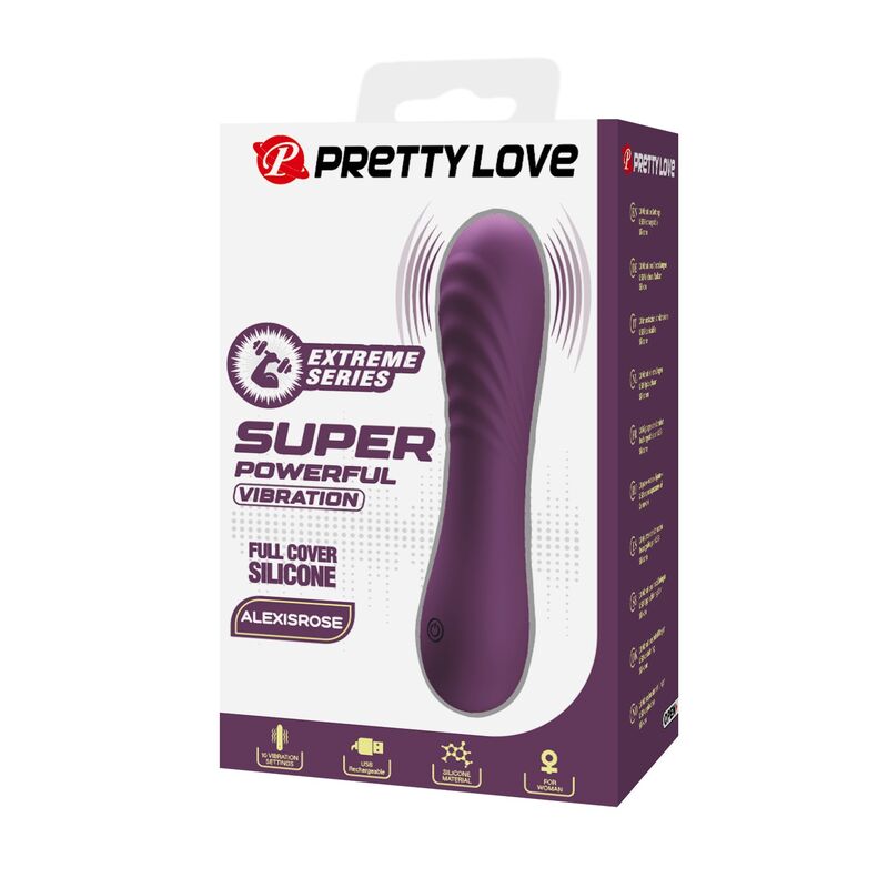 Vibrador morado Alexisrose en su caja Pretty Love, con diseño alargado y curvo