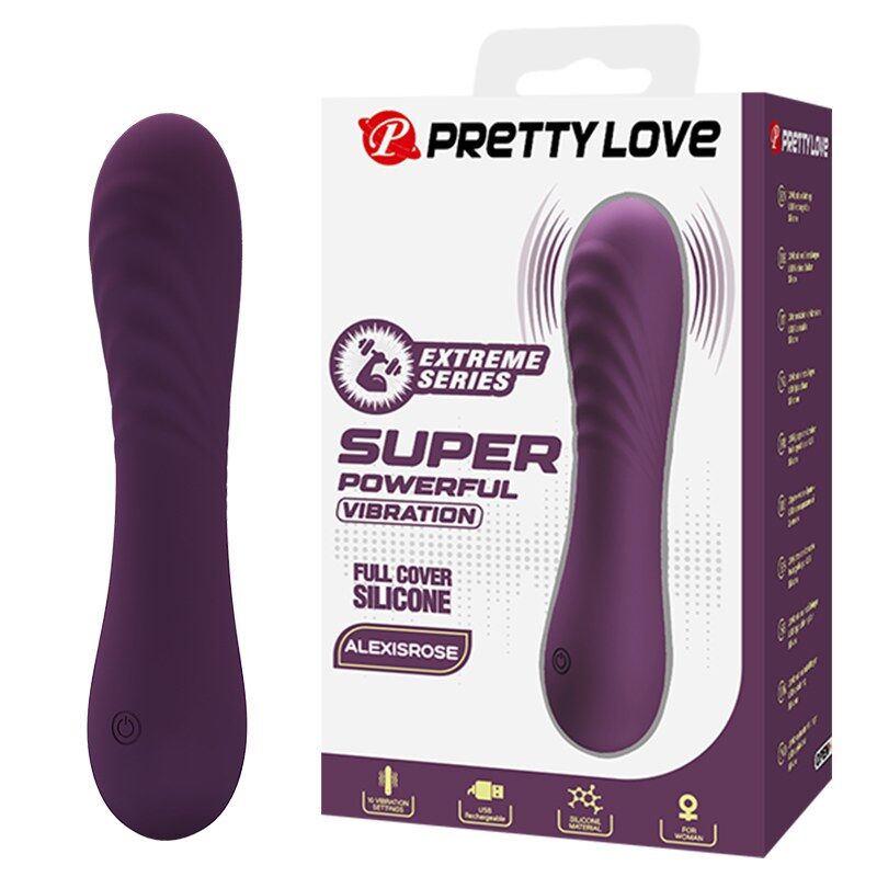 Vibrador morado Alexisrose de Pretty Love junto a su caja
