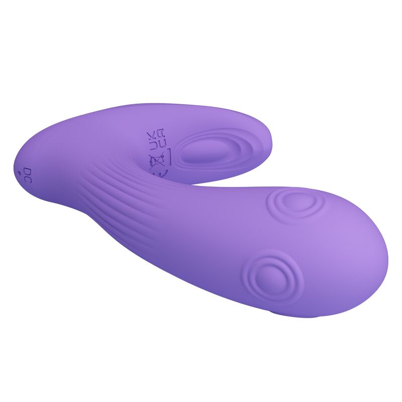 Vibrador morado curvado con dos extremos de estimulación y botones integrados