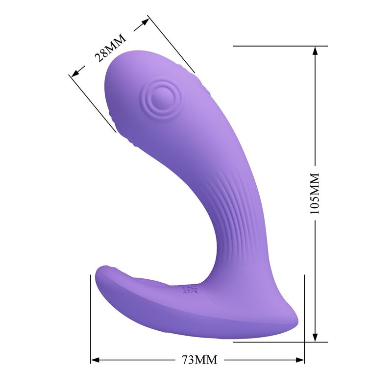 Vibrador morado de doble estimulación, con diseño curvado y medidas indicadas de 105, 73 y 28 mm