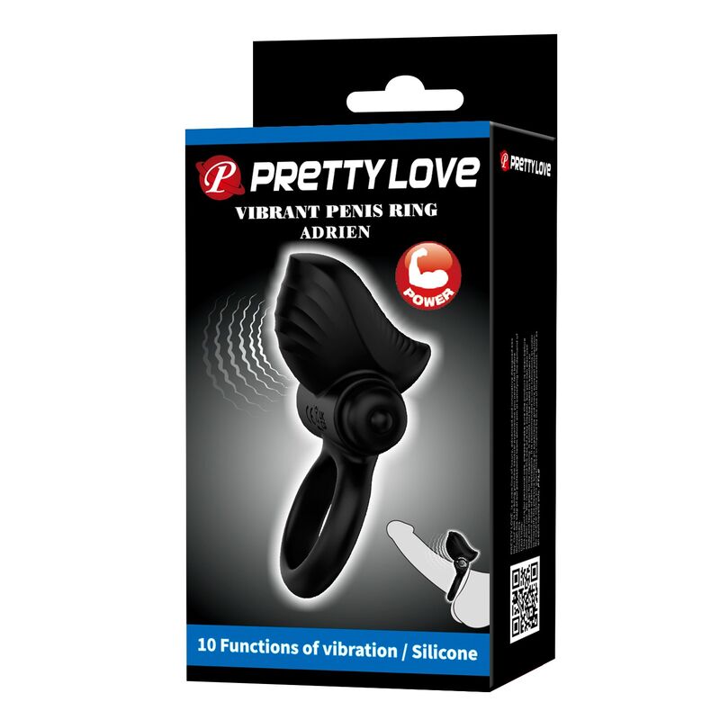 Envase negro del anillo vibrador para pene Pretty Love Adrien, con el juguete ilustrado en el frontal
