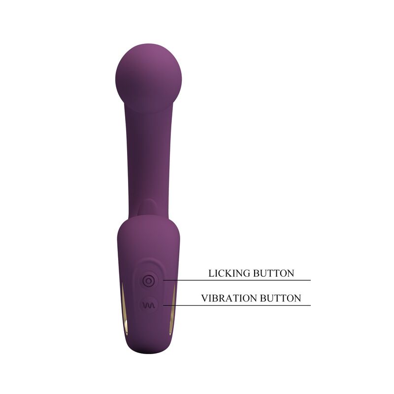 Vibrador morado Pretty Love Brynnlee visto de frente, con botones señalados para lamido y vibración