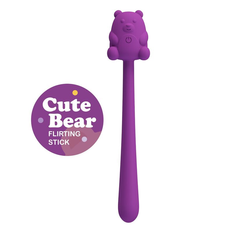 Vibrador morado con cabeza de osito y cuerpo alargado; el círculo indica «Cute Bear Flirting Stick