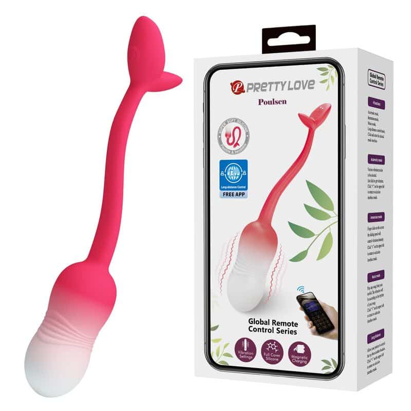 Huevo vibrador rosa con cable flexible junto a su caja Pretty Love Pulsen