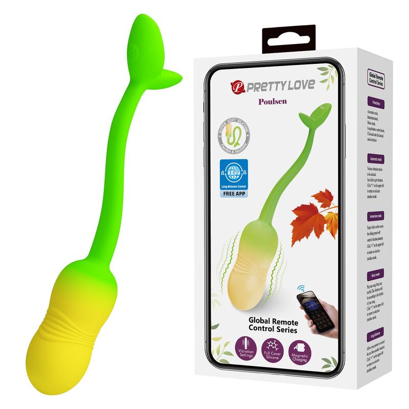 Huevo vibrador verde y amarillo junto a su caja, que muestra el nombre Pretty Love Pulsen