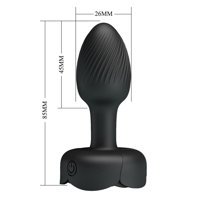 Plug anal vibrador Pretty Love negro, con cabeza estriada y cotas de 85, 45 y 26 mm