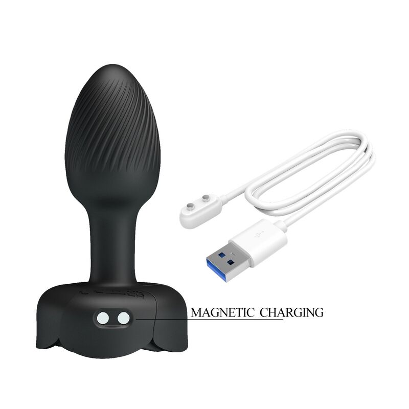 Plug anal vibrador negro con superficie estriada, cable USB y texto «MAGNETIC CHARGING