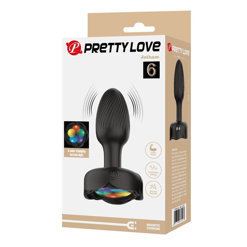Caja Pretty Love con un plug anal vibrador negro y una base con luz multicolor