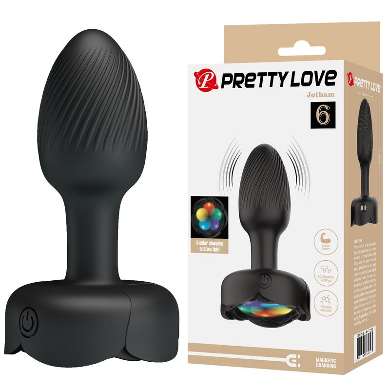 Plug anal vibrador negro Pretty Love con cabeza estriada y caja de presentación