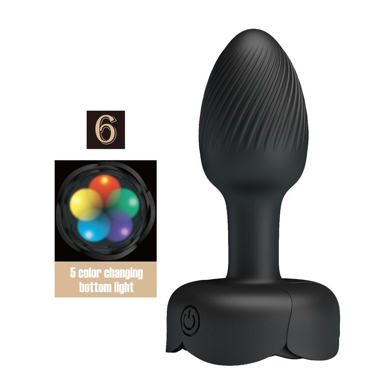 Plug anal vibrador negro con base ancha y botón de encendido; el gráfico indica luz inferior de cinco colores