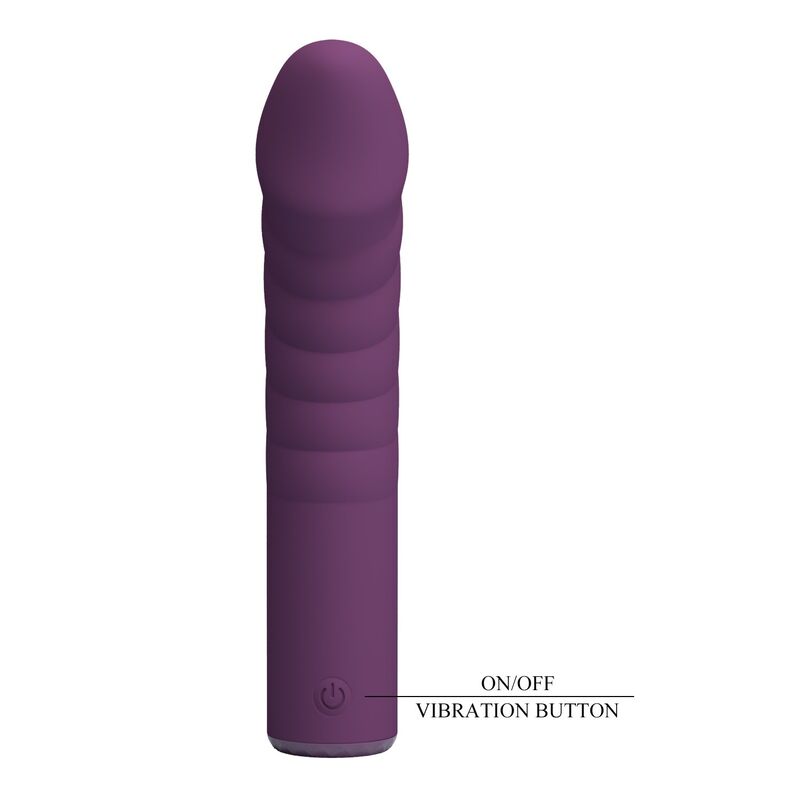 Vibrador Pretty Love Ryland morado, con botón de encendido y vibración señalado en la base