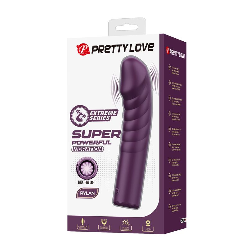 Caja del vibrador Pretty Love Ryland morado, con el producto ilustrado y la indicación «10 funciones