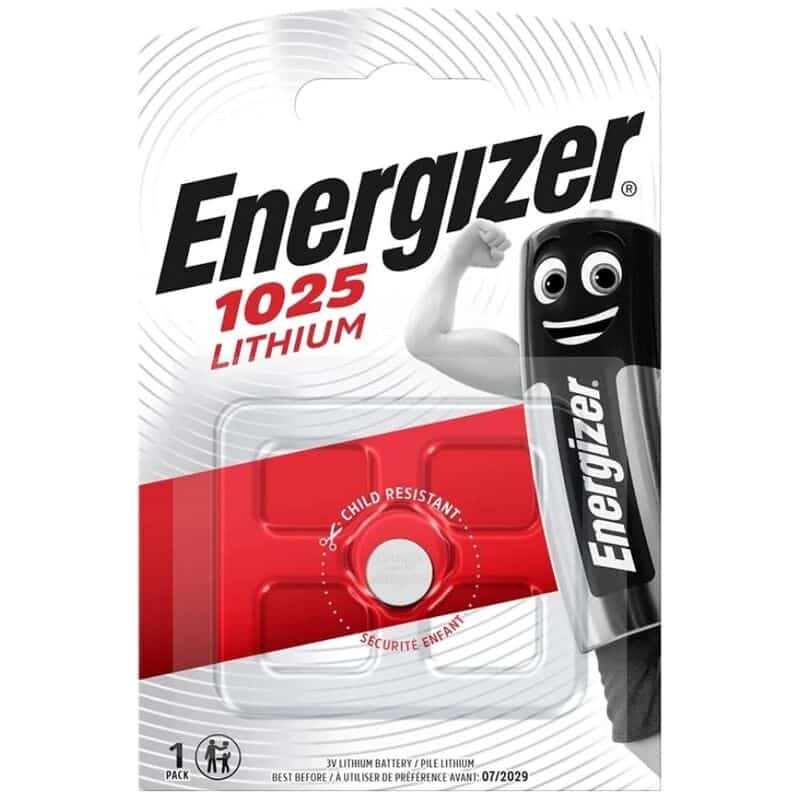 Blíster rojo y blanco de pila botón Energizer 1025 Lithium con una pila ilustrada en el envase