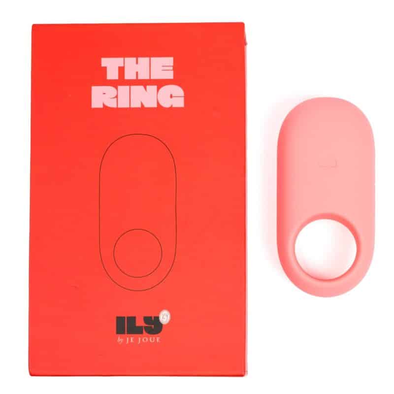 Anillo vibrador ILY de JE JOUE en color rosa junto a su caja roja