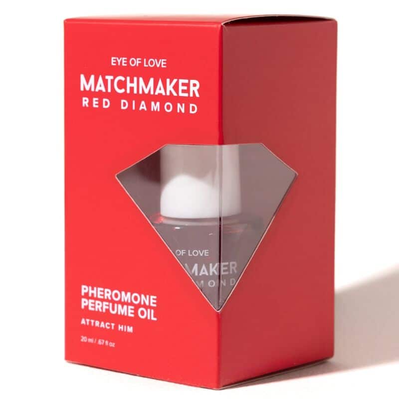Caja roja de EYE OF LOVE Matchmaker Red Diamond con frasco visible por una ventana en forma de diamante