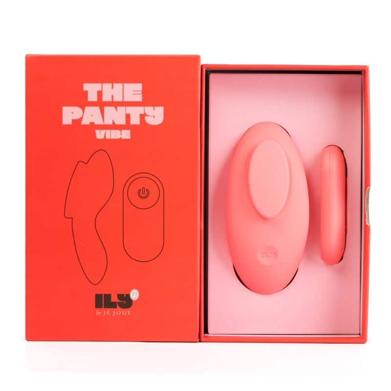 Caja abierta de THE PANTY VIBE de JE JOUE, con vibrador íntimo y mando remoto rosas