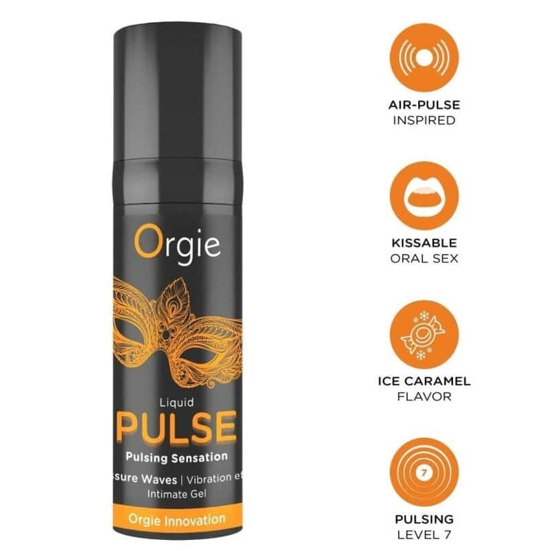 Envase negro de gel íntimo Orgie Pulse junto a iconos de efecto pulsante, uso oral y sabor a caramelo helado