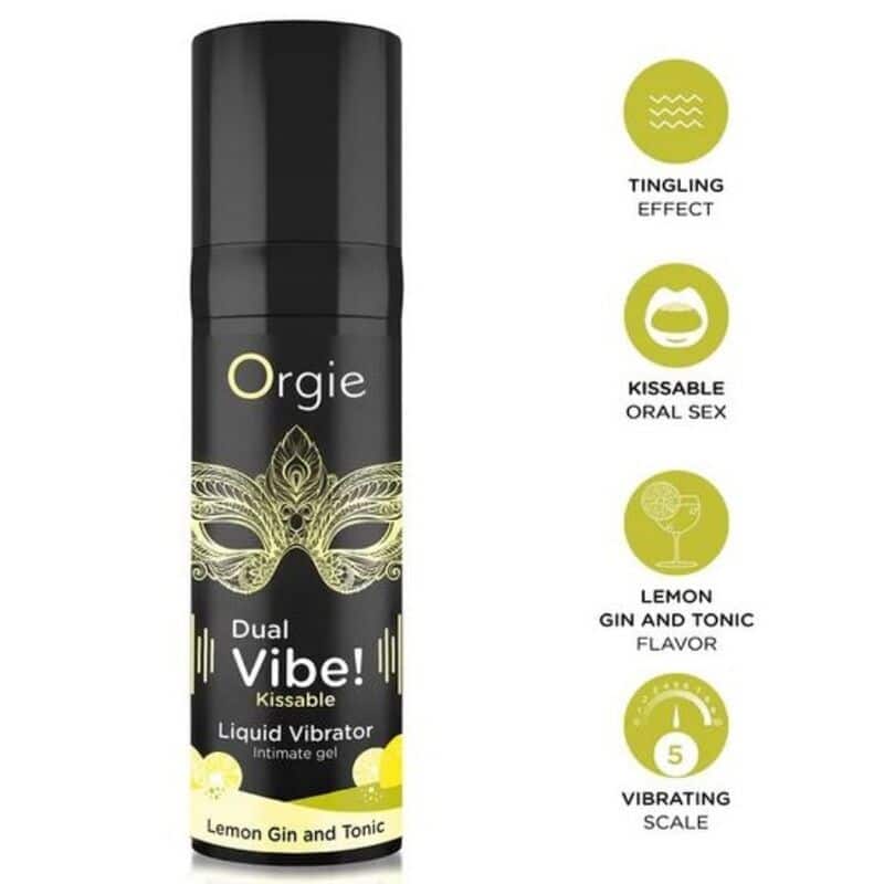 Envase negro del gel íntimo besable Orgie Dual Vibe! Lemon Gin and Tonic, con iconos de efecto y escala vibrante