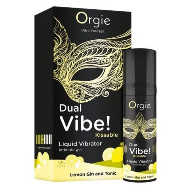 Envase y frasco de Orgie Dual Vibe! Lemon Gin and Tonic, gel íntimo besable