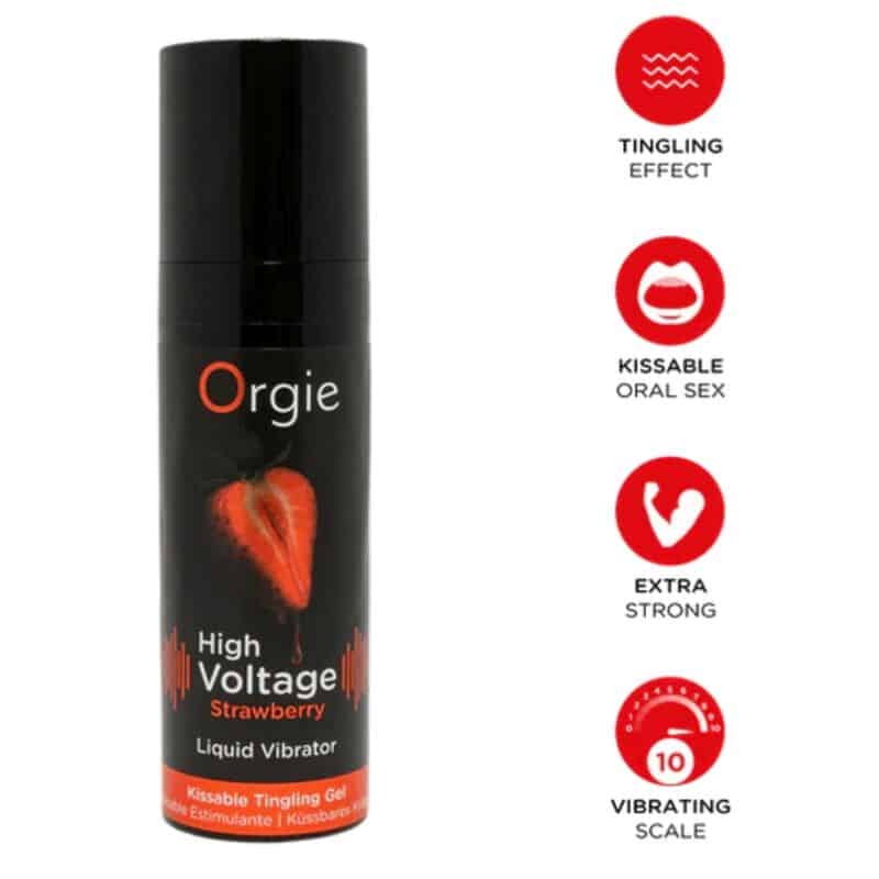 Envase negro de gel íntimo Orgie High Voltage Strawberry junto a iconos de efecto estimulante, uso oral y escala vibratoria