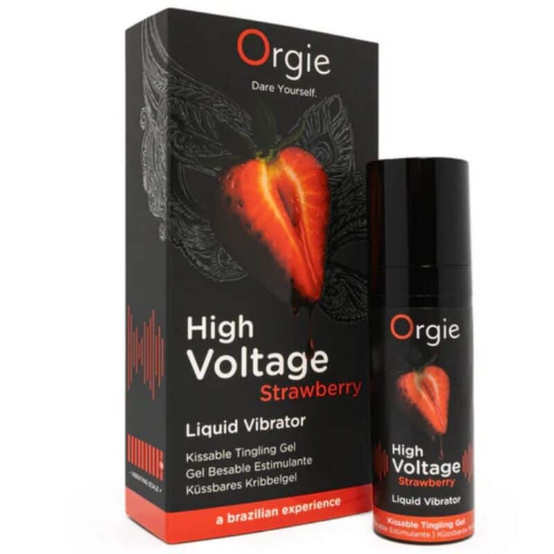Caja y frasco negro de Orgie High Voltage Strawberry, gel íntimo vibrante con diseño de fresa