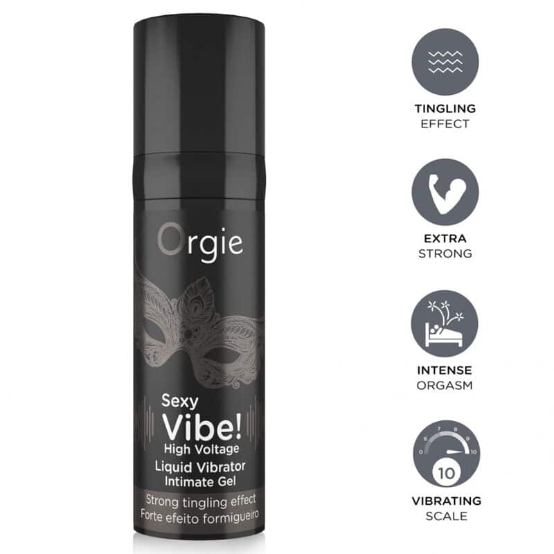Envase negro de Orgie Sexy Vibe! High Voltage, con iconos de efecto hormigueante, intensidad y escala vibratoria