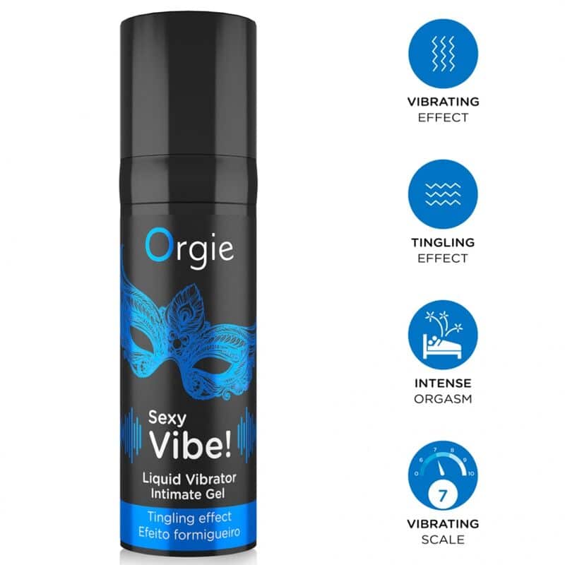 Envase negro de Orgie Sexy Vibe! con máscara azul y gel íntimo; al lado aparecen cuatro iconos de efectos
