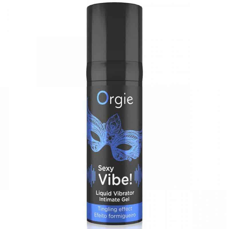 Envase negro de Orgie Sexy Vibe! con ilustración de antifaz azul y texto «Liquid Vibrator