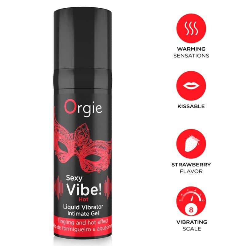 Envase negro de Orgie Sexy Vibe! Hot junto a iconos de calor, sabor a fresa y escala vibratoria
