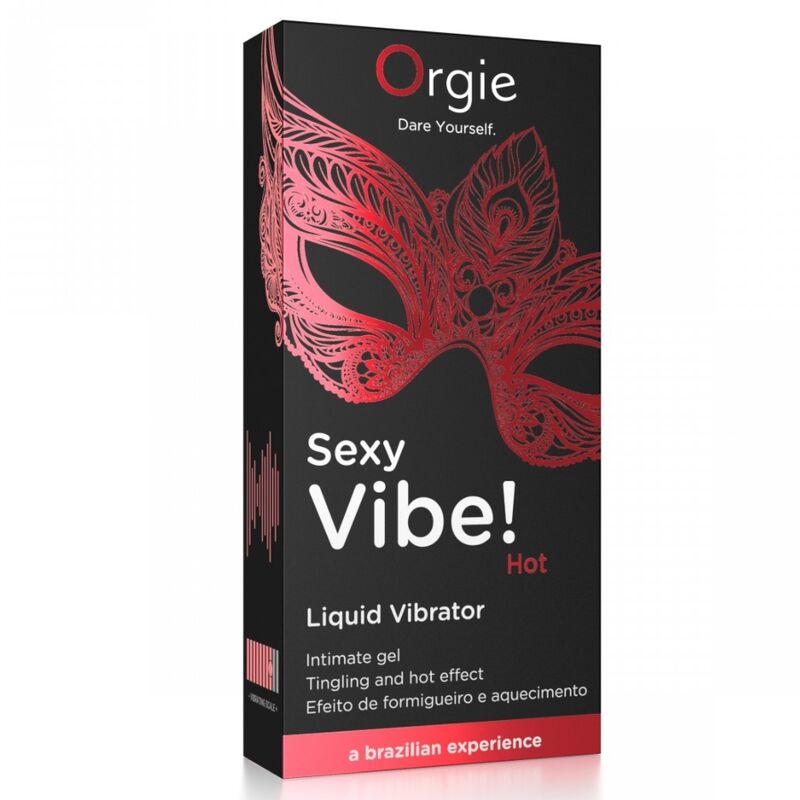 Envase negro de Orgie Sexy Vibe! Hot, gel íntimo vibrador con diseño de máscara roja