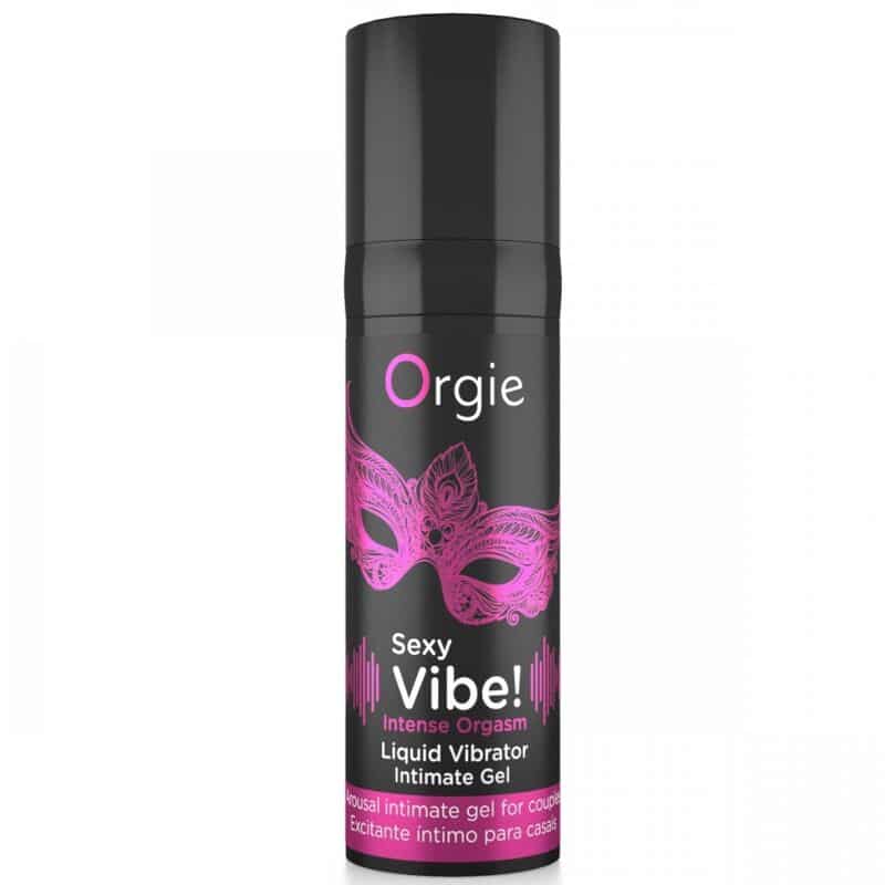 Envase negro de Orgie Sexy Vibe! Intense Orgasm, con una máscara rosa y texto en inglés y español