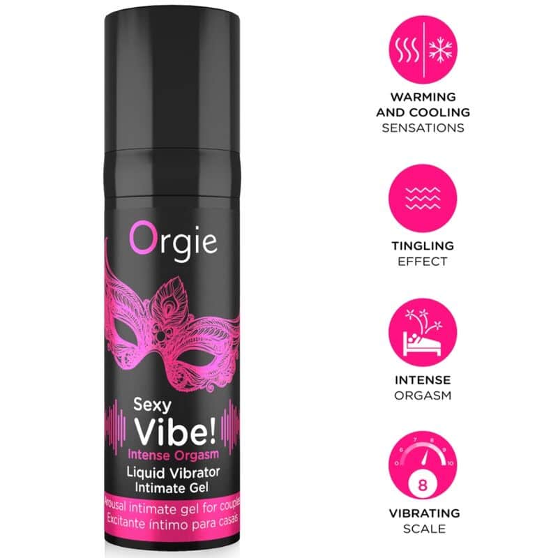 Envase negro de Orgie Sexy Vibe! Intense Orgasm junto a iconos de sensaciones y escala vibratoria