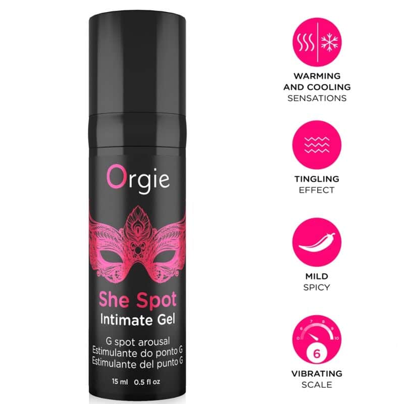 Envase negro y rosa de gel íntimo Orgie She Spot junto a iconos de sensaciones y escala vibratoria