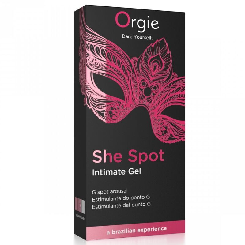 Envase negro y rosa del gel íntimo Orgie She Spot para estimular el punto G
