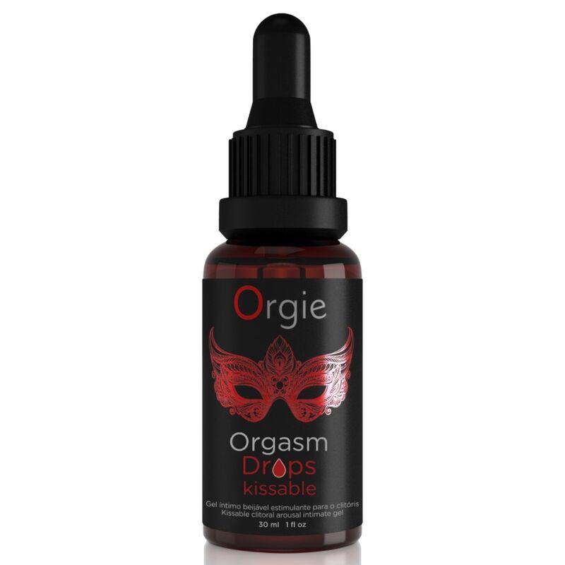 Frasco de Orgie Orgasm Drops Kissable con cuentagotas y etiqueta negra con una máscara roja