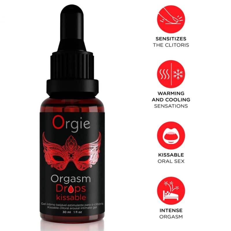 Frasco negro y rojo de Orgie Orgasm Drops Kissable con cuentagotas y cuatro iconos de sensaciones