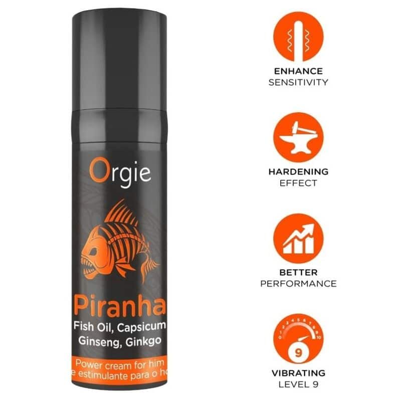Envase negro y naranja de Orgie Piranha; los iconos indican sensibilidad, efecto reafirmante, rendimiento y nivel 9 de