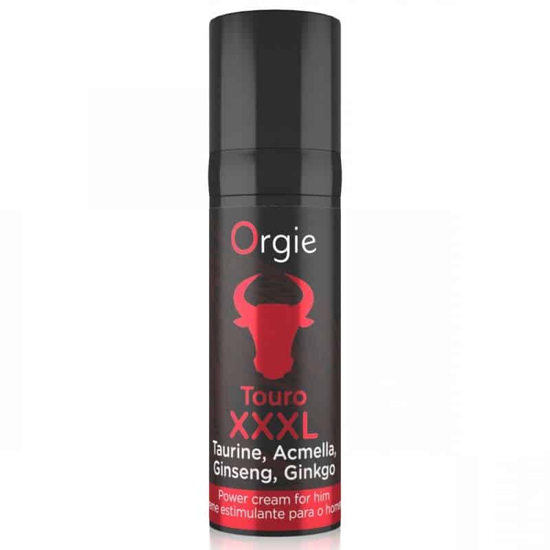 Envase negro de la crema potenciadora para hombre Orgie Touro XXXL, con etiqueta y emblema de toro en rojo