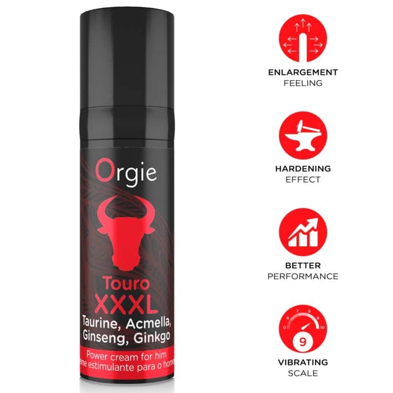 Envase negro de crema Orgie Touro XXXL junto a cuatro iconos rojos con efectos indicados en inglés