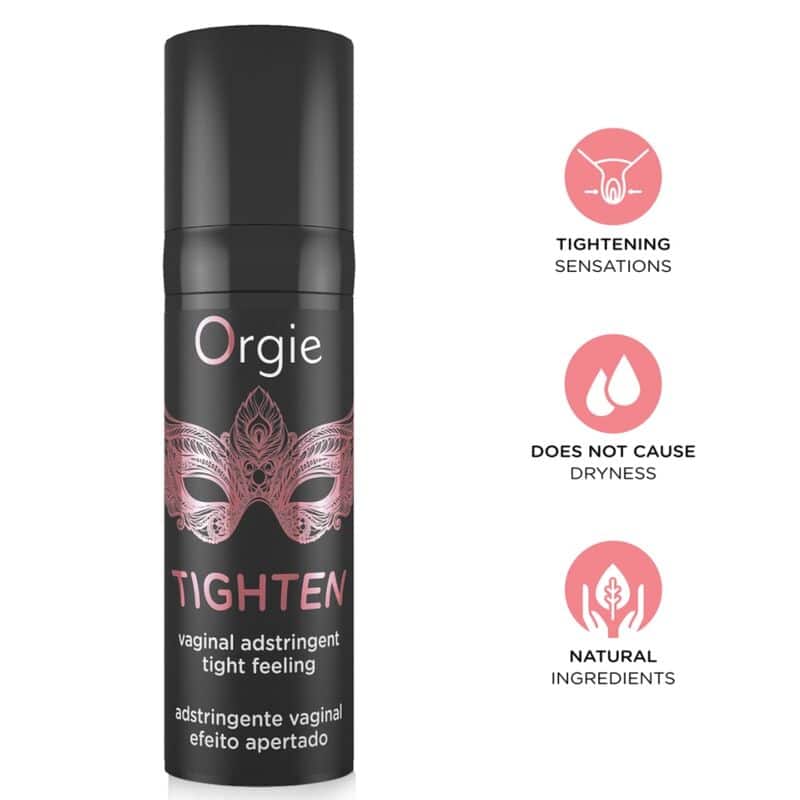 Envase negro de gel íntimo Orgie Tighten, con diseño de antifaz rosa e iconos sobre sus sensaciones e ingredientes
